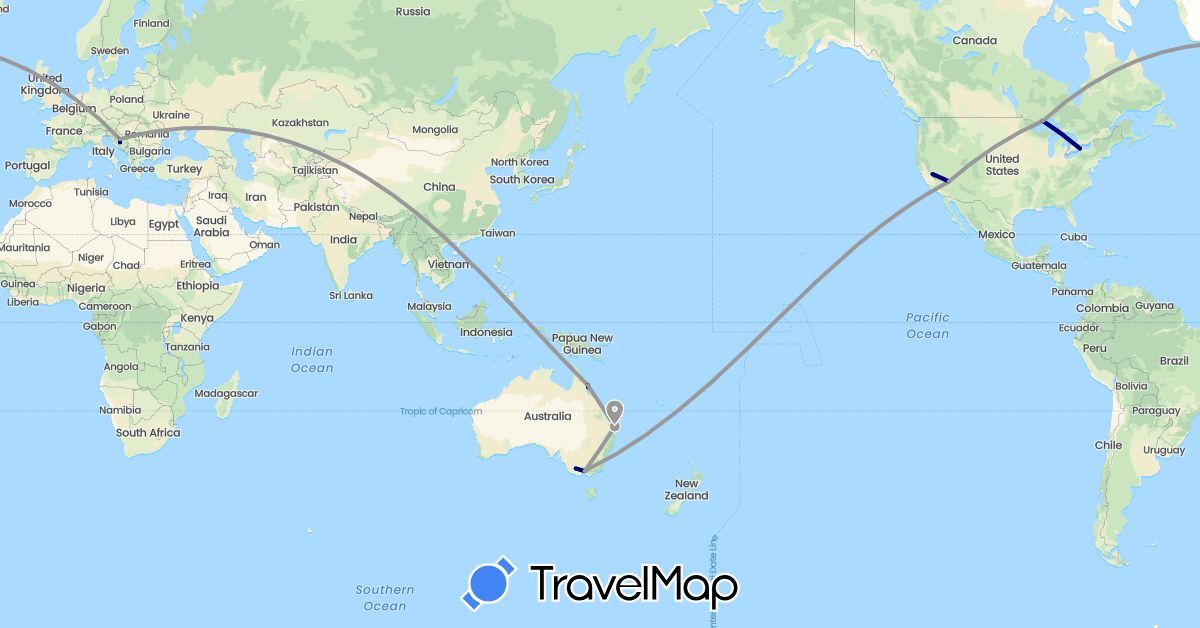 TravelMap itinerary: driving, plane in Australia, Bosnia and Herzegovina, Canada, United States (Europe, North America, Oceania)
